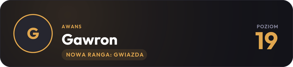 Karta ogłoszenia o awansie: awatar, nazwa, nowa ranga i nowy poziom.